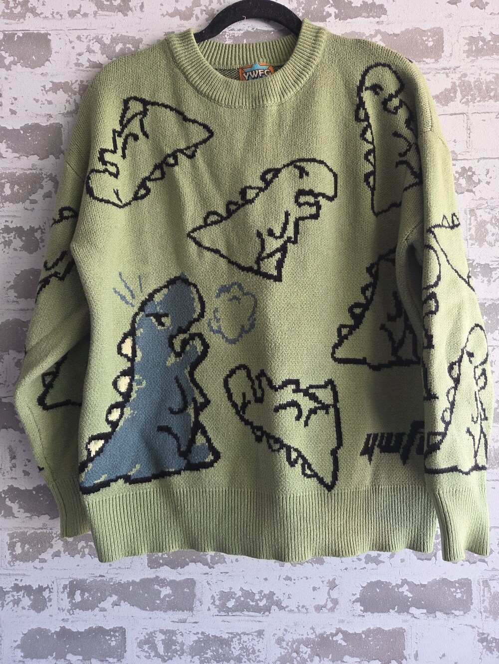YWFG Dinosaur Pixel Graphic Knit Sweater Green Crewneck Streetwear M/L